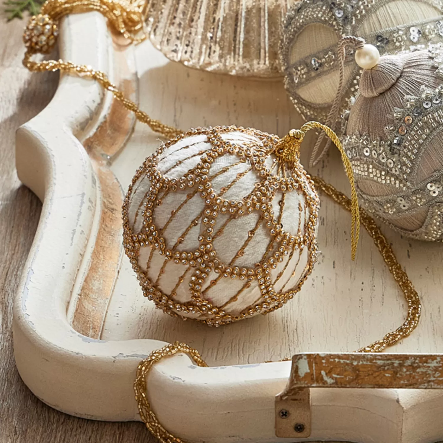 The Jolly Christmas Shop Sleigh Bells | Bells | Raz 4" Ivory Jeweled Velvet Ball Christmas Ornament 4327300