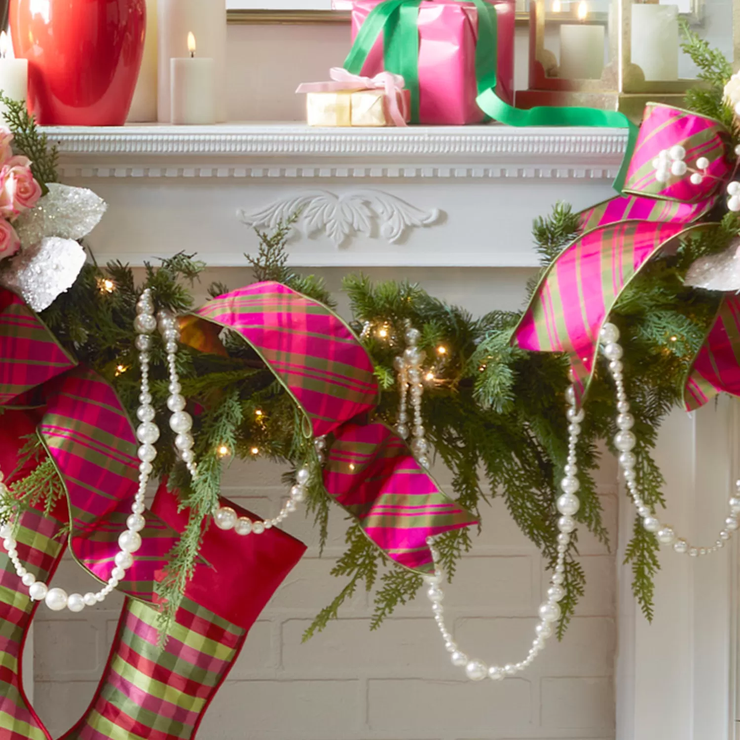 The Jolly Christmas Shop Charming Holiday | A Blushing Holiday | Raz 4" Pink And Green Plaid Wired Christmas Ribbon R4371764