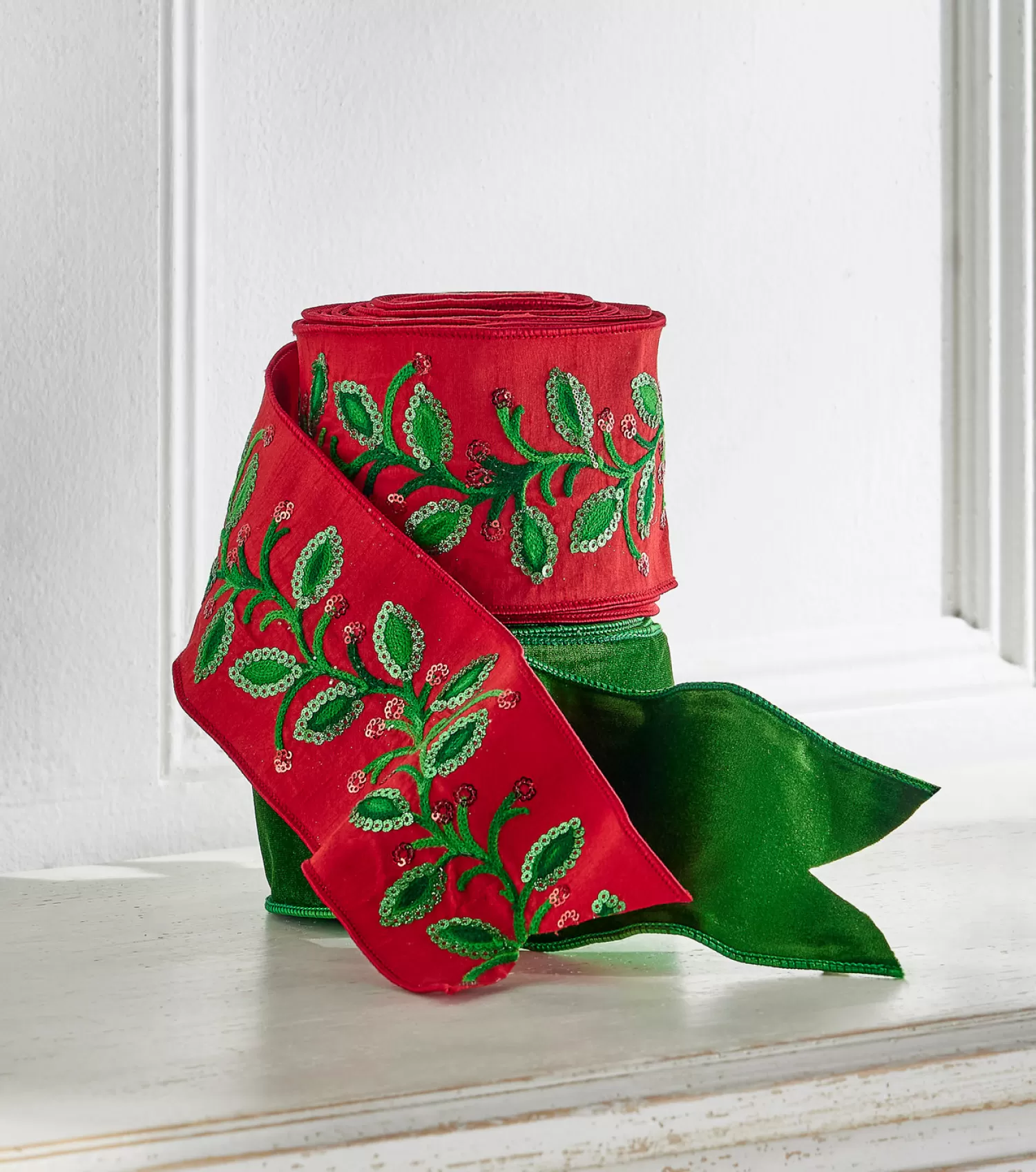 The Jolly Christmas Shop Christmas Traditions | Traditional Christmas Decorations | Raz 4" Red Floral With Sequins Embellishment Wired Christmas Ribbon R4471770