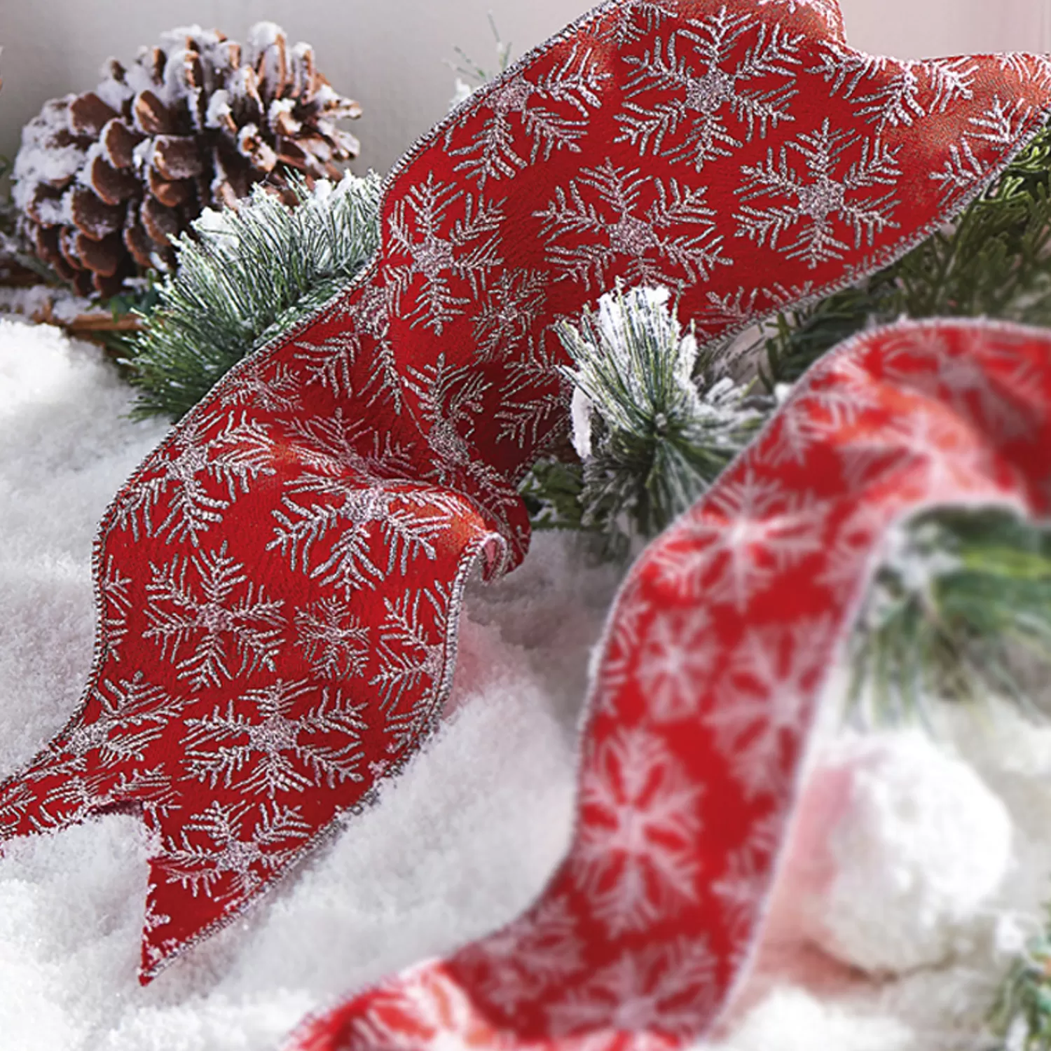 The Jolly Christmas Shop Tinsel Town | Snow Christmas Decorations | Raz 4" Red Snowflake Wired Christmas Ribbon R4127756