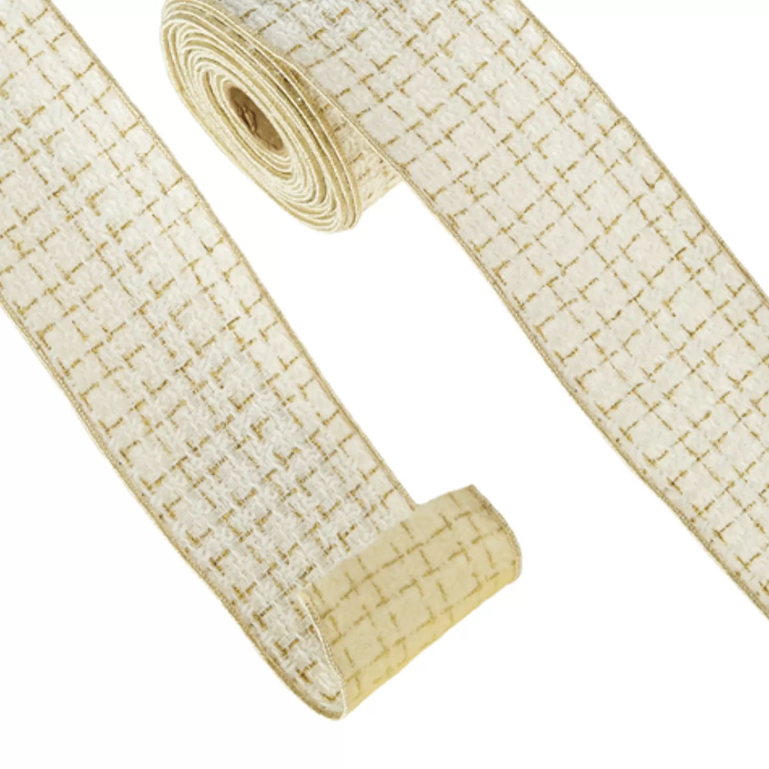 The Jolly Christmas Shop Celebrate The Season | Champagne Wishes | Raz 4" White And Gold Tweed Wired Christmas Ribbon R4371783
