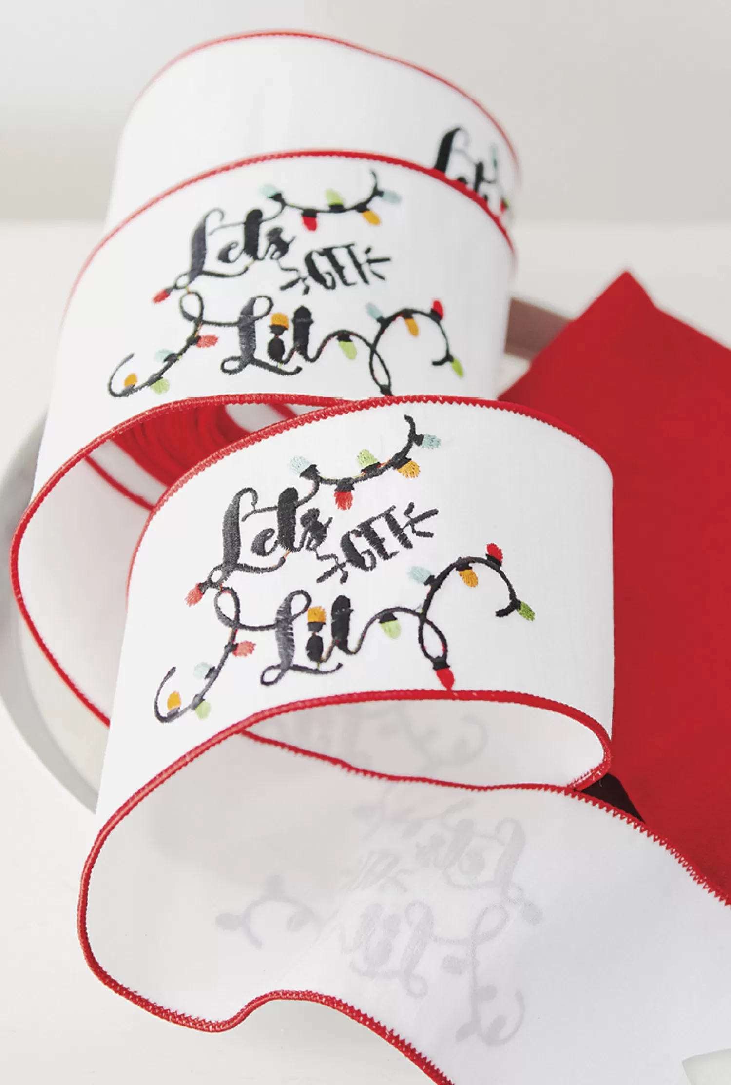 The Jolly Christmas Shop Holiday Cheers | Ribbon | Raz 4" White Lets Get Lit Embroidered Wired Christmas Ribbon R4171862