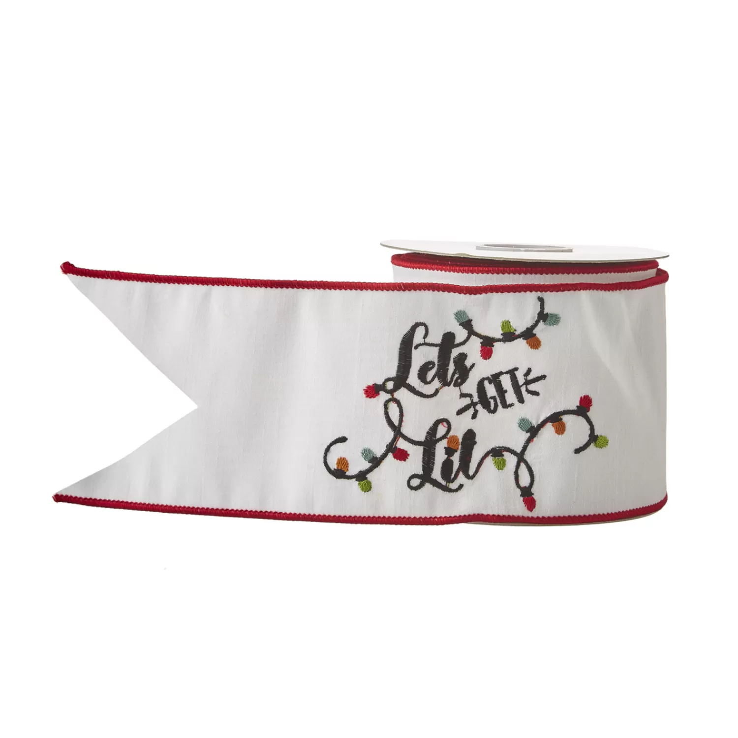 The Jolly Christmas Shop Holiday Cheers | Ribbon | Raz 4" White Lets Get Lit Embroidered Wired Christmas Ribbon R4171862