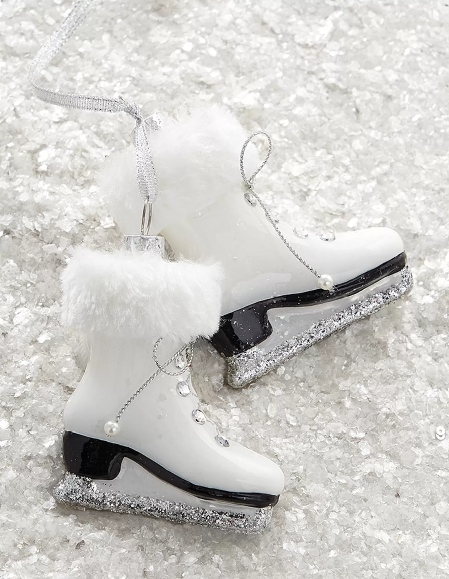 The Jolly Christmas Shop Bon Noel | Snowflake Soiree | Raz 5.5" White Fur Trim Skates Glass Christmas Ornament 4220921