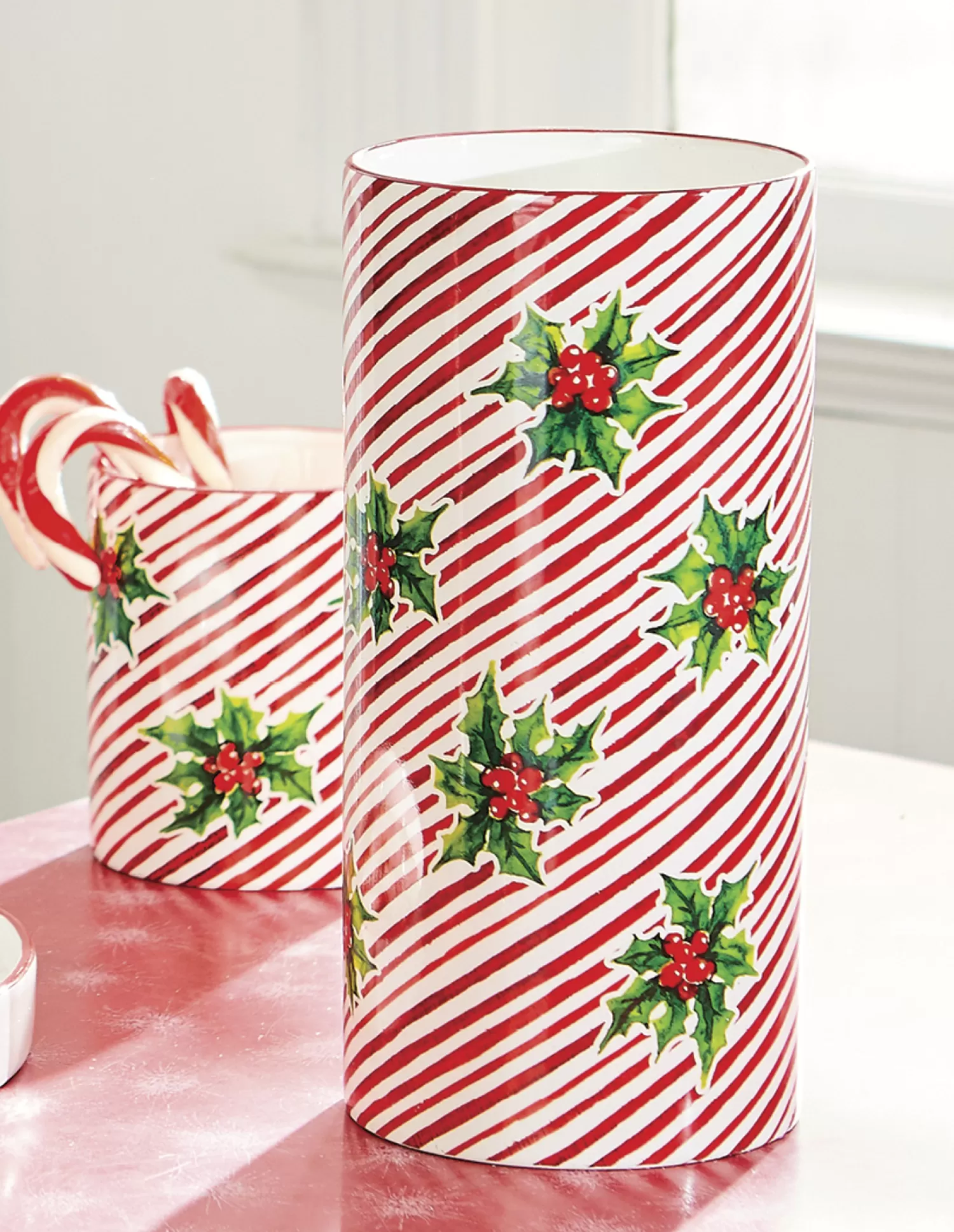 The Jolly Christmas Shop Jingle And Cocoa | Candy Land | Raz 5.75" Or 12" Red And White Striped Holly Berry Christmas Container