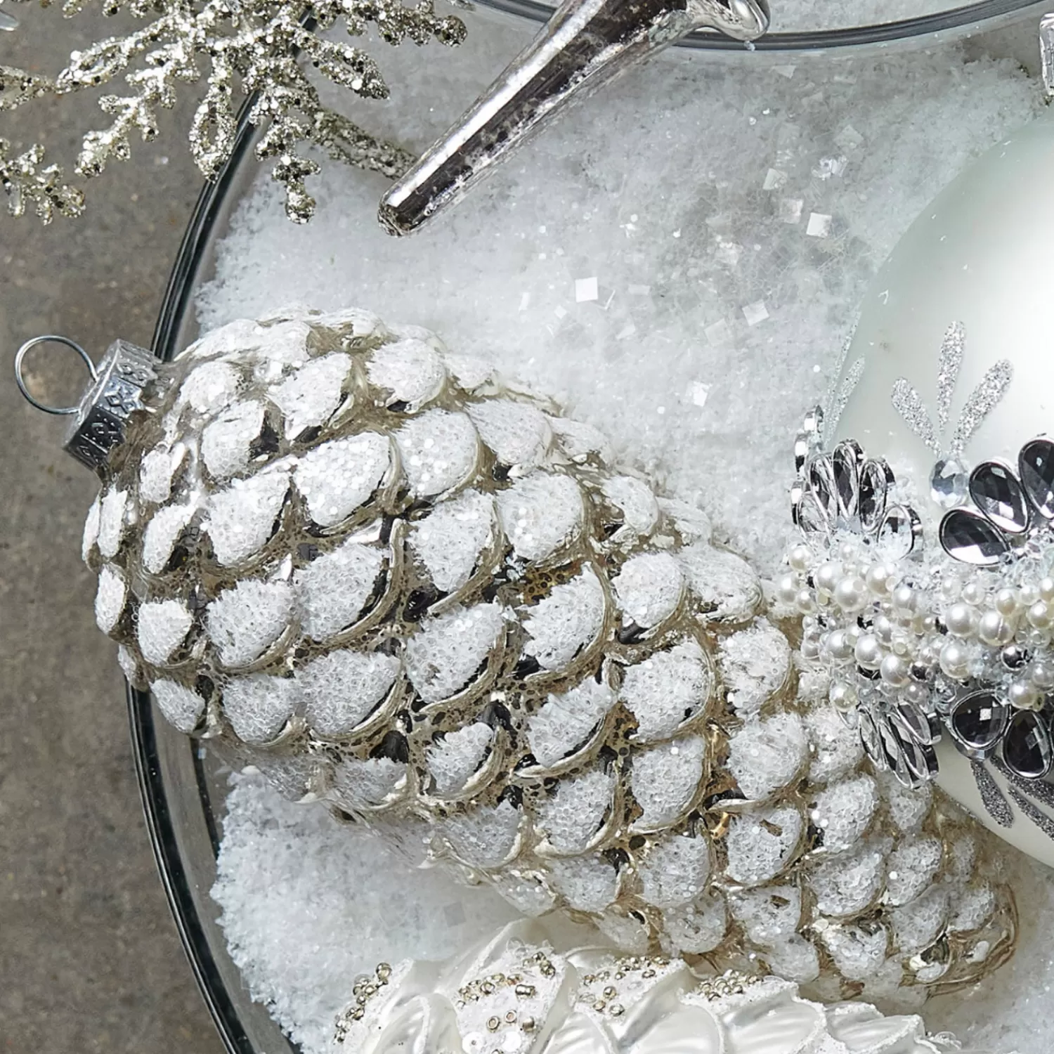 The Jolly Christmas Shop Snowflake Soiree | Snow Christmas Decorations | Raz 5.75" White Glittered Pinecone Glass Christmas Ornament 4322818