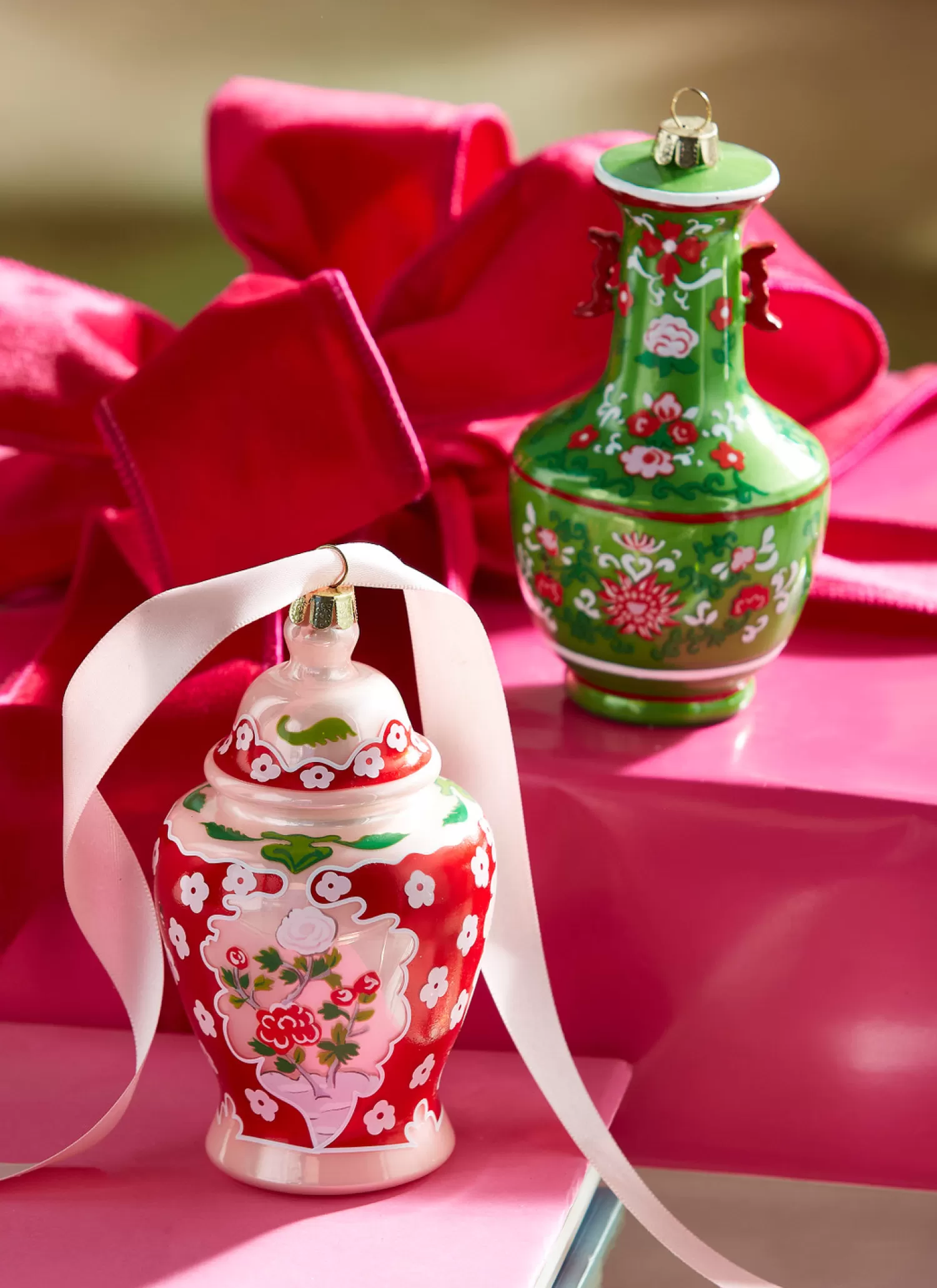 The Jolly Christmas Shop Celebrate The Season | A Blushing Holiday | Raz 5" Green And Pink Chinoiserie Jar Glass Christmas Ornament 4352888