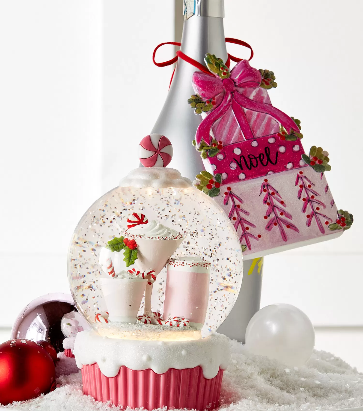 The Jolly Christmas Shop Jingle And Cocoa | A Blushing Holiday | Raz 5" Lighted Peppermint Cocktail Cupcake With Swirling Glitter Christmas Snow Globe 4400768