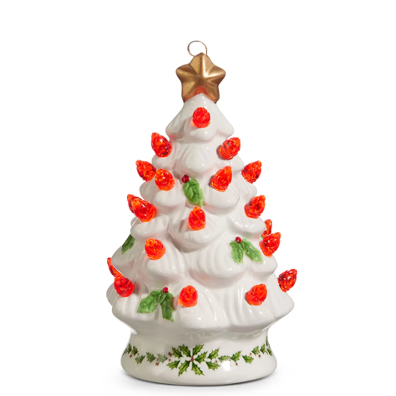 The Jolly Christmas Shop Vintage Reincarnated | Vintage Farm House | Raz 5" Lighted Vintage White Ceramic Tree With Holly And Red Bulbs Christmas Ornament 4419109