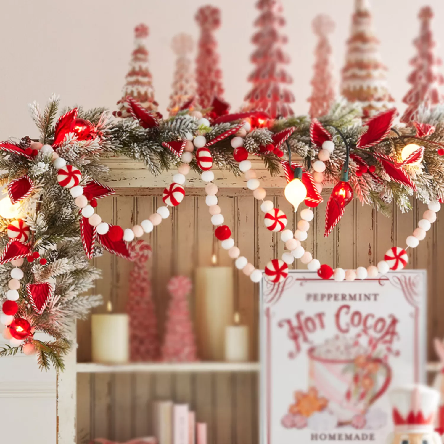 The Jolly Christmas Shop Jingle And Cocoa | Pink Christmas Decorations | Raz 6' Felt Peppermint Pink, White And Red Christmas Tree Garland G4316077