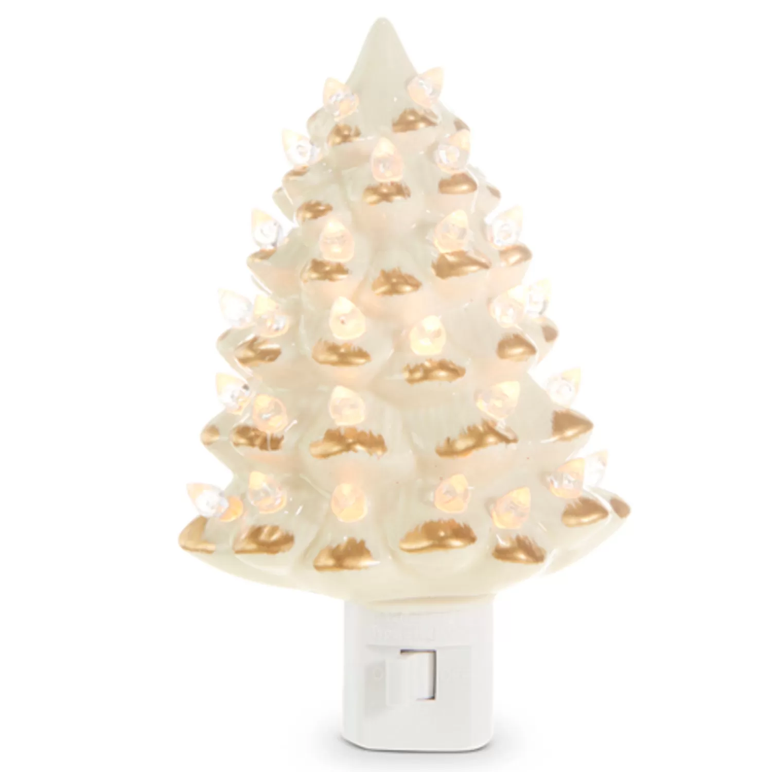The Jolly Christmas Shop Vintage Reincarnated | Vintage Farm House | Raz 6" Vintage White And Gold Ceramic Christmas Tree Night Light 4319164