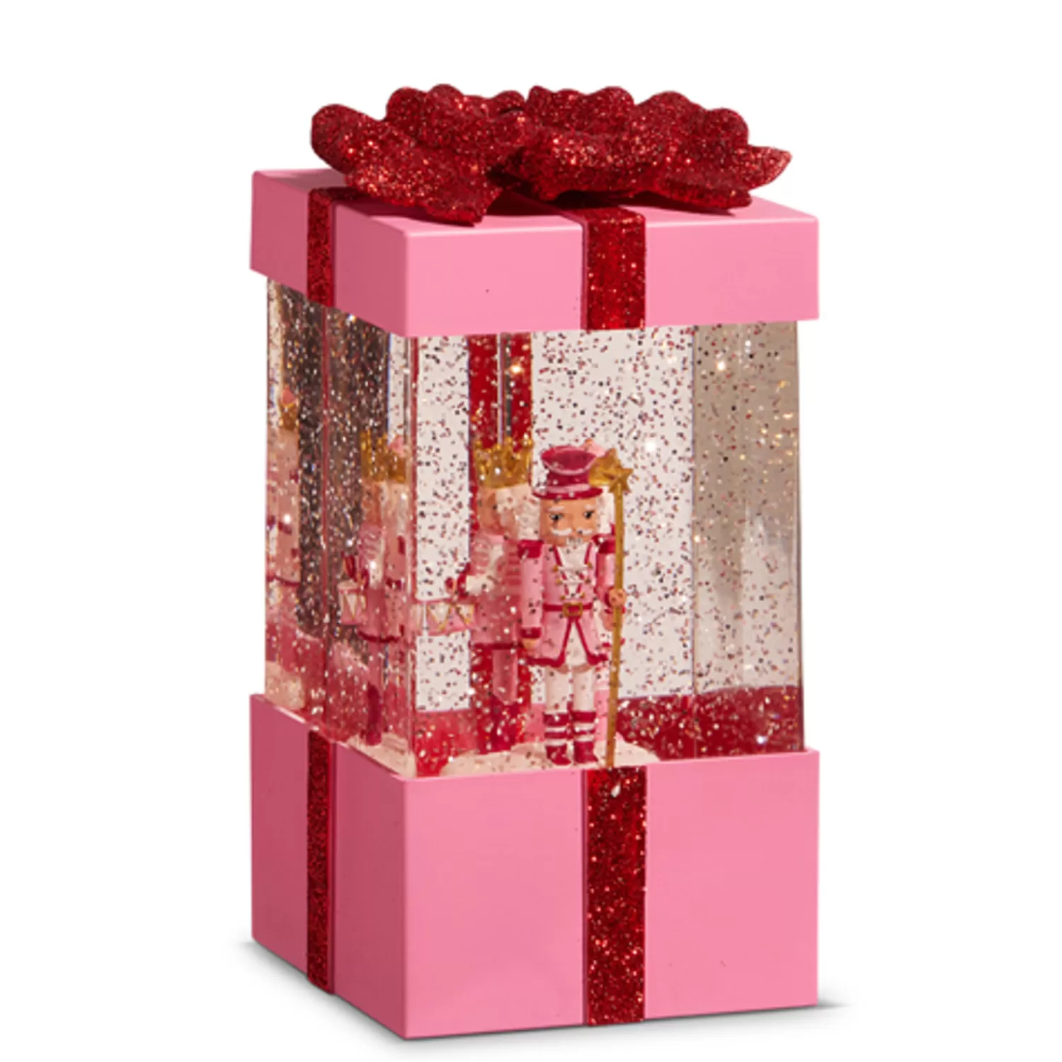 The Jolly Christmas Shop A Blushing Holiday | Pink Christmas Decorations | Raz 7.75" Blushing Pink Christmas Present Water Globe With Nutcracker 4400758
