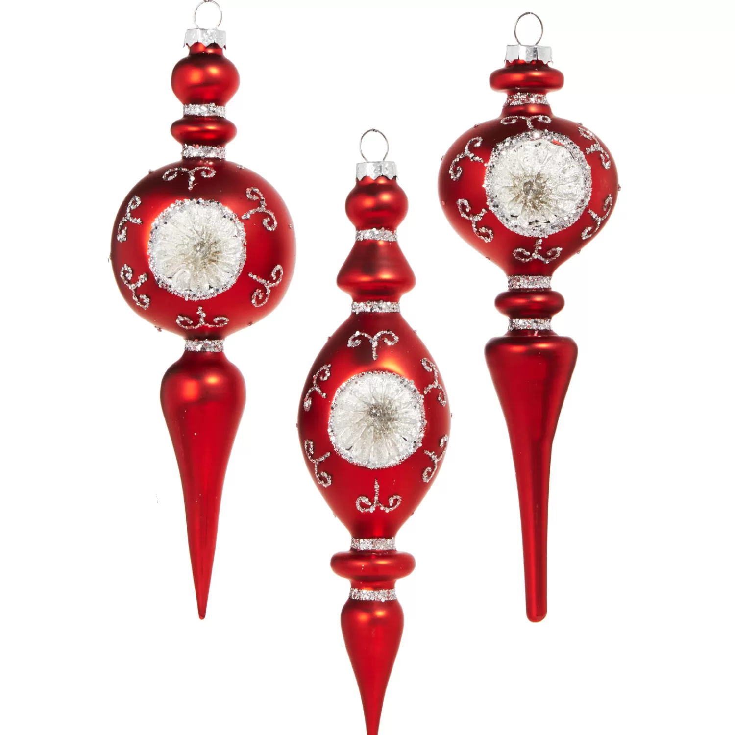 The Jolly Christmas Shop Tinsel Town | Christmas Traditions | Raz 8.25" Vintage Red Finial Glass Christmas Ornament With Silver Reflectors 4320863