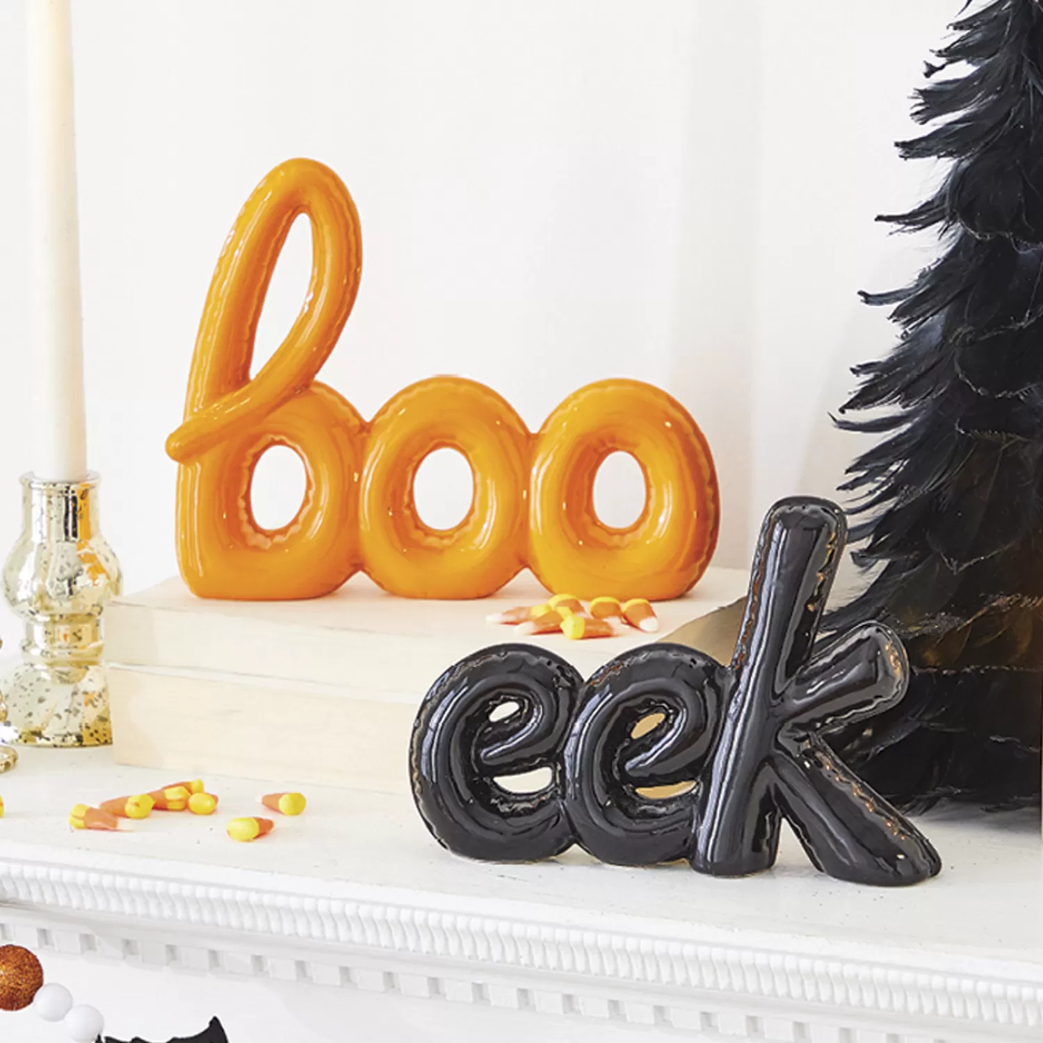 The Jolly Christmas Shop Halloween Indoor Decorations | Raz 8.75" High Shine Art Word Boo Or Eek Halloween Decoration 4209881