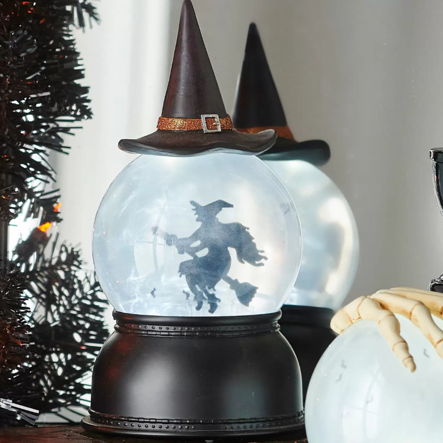 The Jolly Christmas Shop Halloween Indoor Decorations | Raz 8" Flying Witch With Swirling Bats Lighted Halloween Water Globe Lantern 4416928