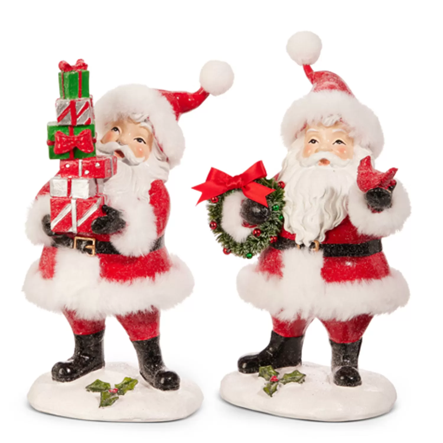 The Jolly Christmas Shop Vintage Reincarnated | Vintage Farm House | Raz 8" Set Of 2 Santa With Wreath And Presents Christmas Figure 4412103