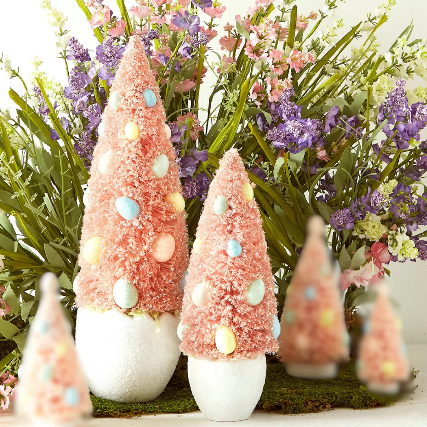 The Jolly Christmas Shop Trees, Wreaths & Garlands | Figurines | Raz Set Of 2 Potted Pink Bottle Brush Trees With Egg Ornaments 4415512