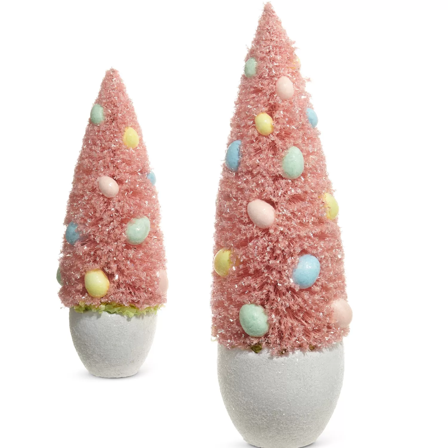 The Jolly Christmas Shop Trees, Wreaths & Garlands | Figurines | Raz Set Of 2 Potted Pink Bottle Brush Trees With Egg Ornaments 4415512