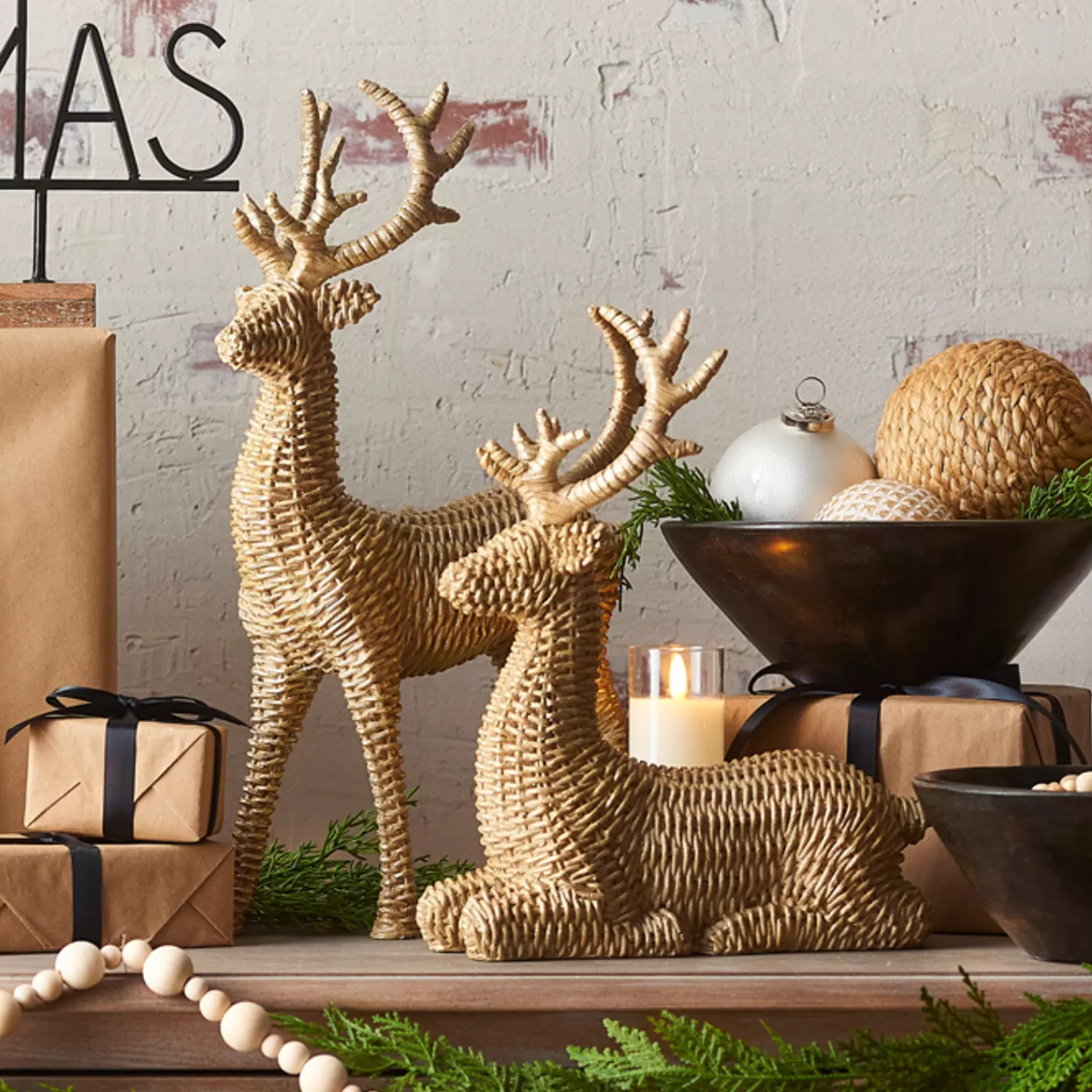 The Jolly Christmas Shop All Is Calm | Woodland Wonder | Raz Basket Weave Wicker Deer Christmas Figures Set Of 2 4311327