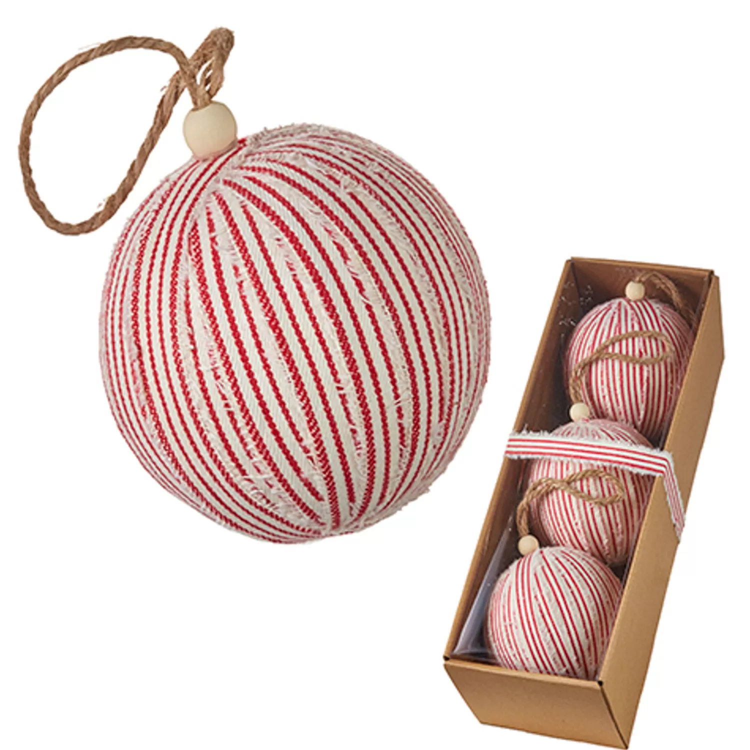 The Jolly Christmas Shop Woodland Wonder | Gingerbread Lane | Raz Box Of 3 4" Red Ticking Stripe Christmas Ornaments 4220852