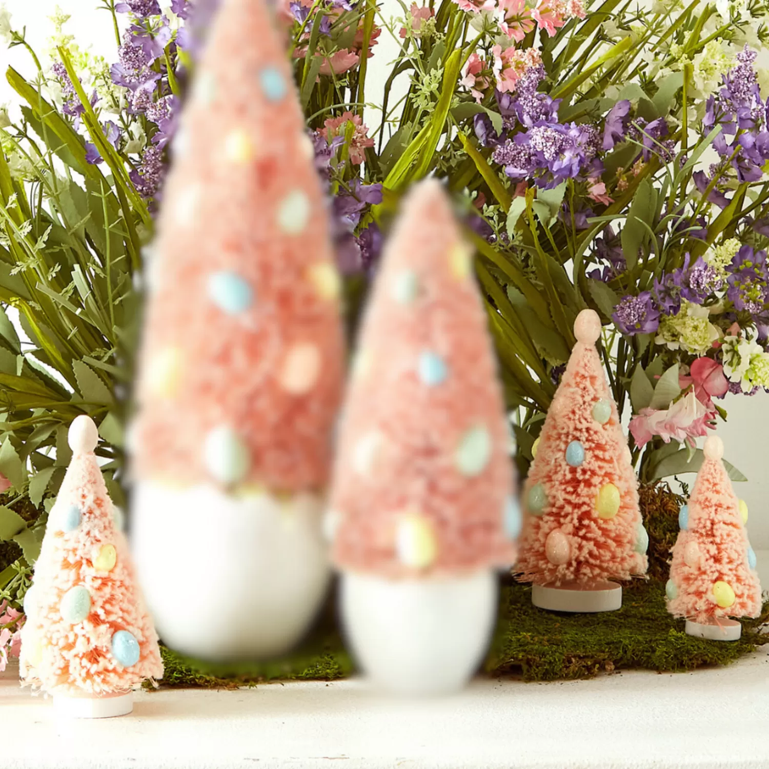 The Jolly Christmas Shop Trees, Wreaths & Garlands | Figurines | Raz Box Of 3 Pink Bottle Brush Trees With Egg Ornaments 4415510