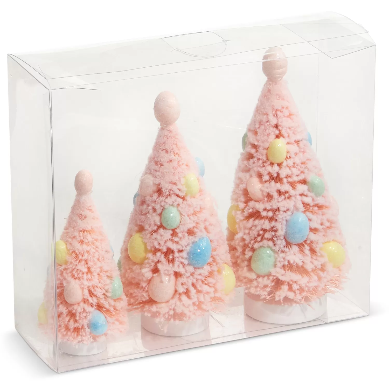 The Jolly Christmas Shop Trees, Wreaths & Garlands | Figurines | Raz Box Of 3 Pink Bottle Brush Trees With Egg Ornaments 4415510