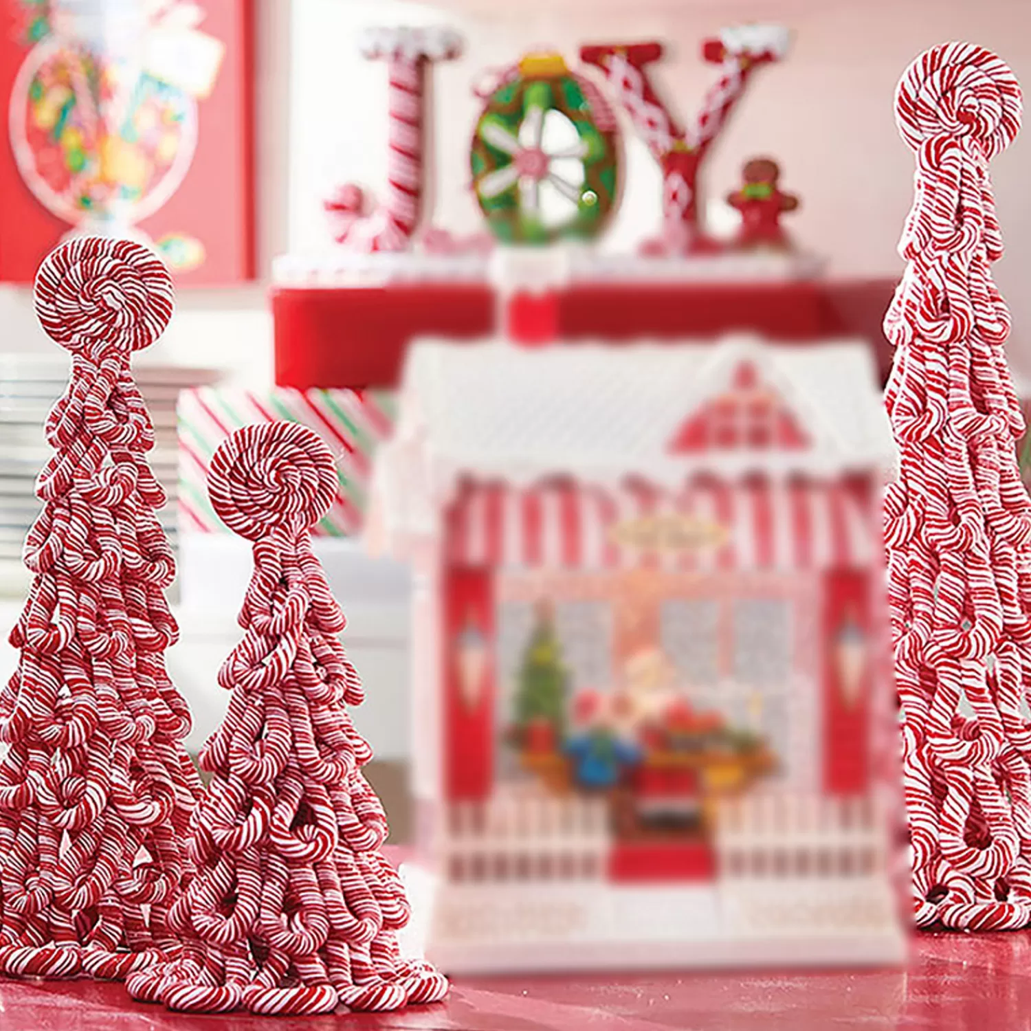 The Jolly Christmas Shop Jingle And Cocoa | Gingerbread | Raz Claydough Peppermint Candy Tree Christmas Figure Set Of 3 3116231