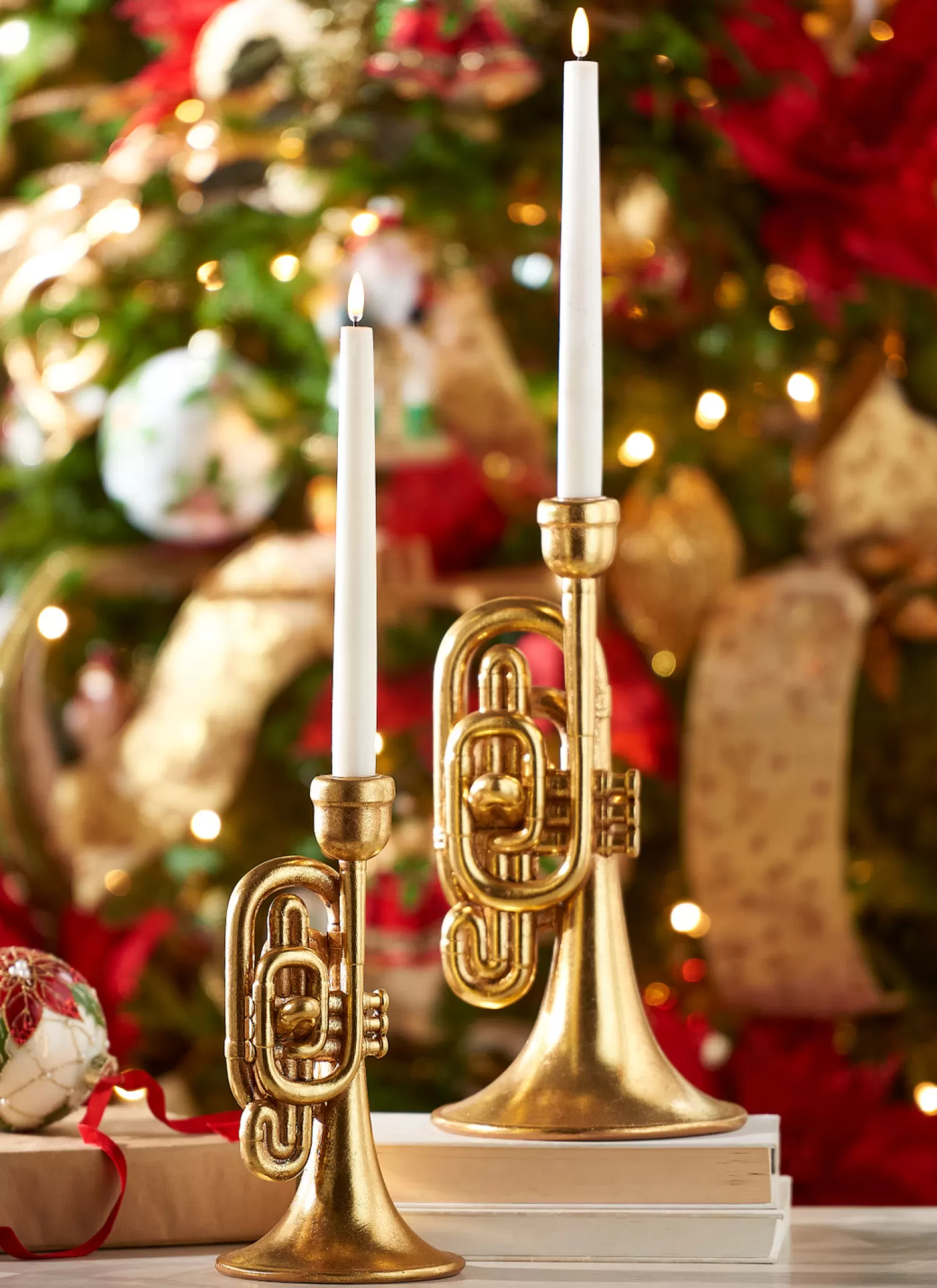 The Jolly Christmas Shop Classic Carols | Traditional Christmas Decorations | Raz Gold Horn Taper Christmas Candle Holders Set Of 2 4310185