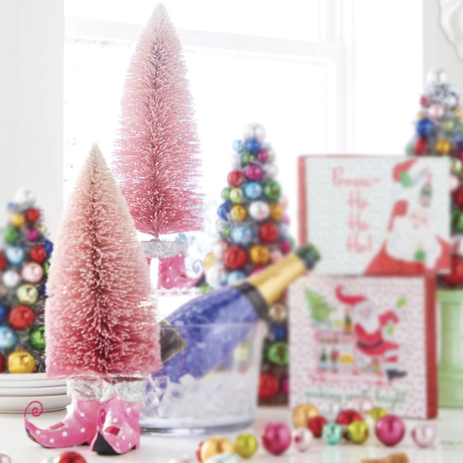 The Jolly Christmas Shop A Blushing Holiday | Pink Christmas Decorations | Raz Pink Bottle Brush Tree With Elf Shoes Christmas Decoration 4227115