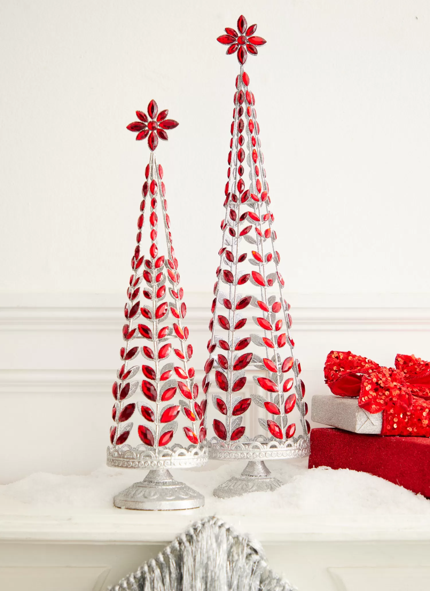 The Jolly Christmas Shop Holiday Cheers | Elegant | Raz Red Jeweled Tree With Silver Glitter Set Of 2 4313507