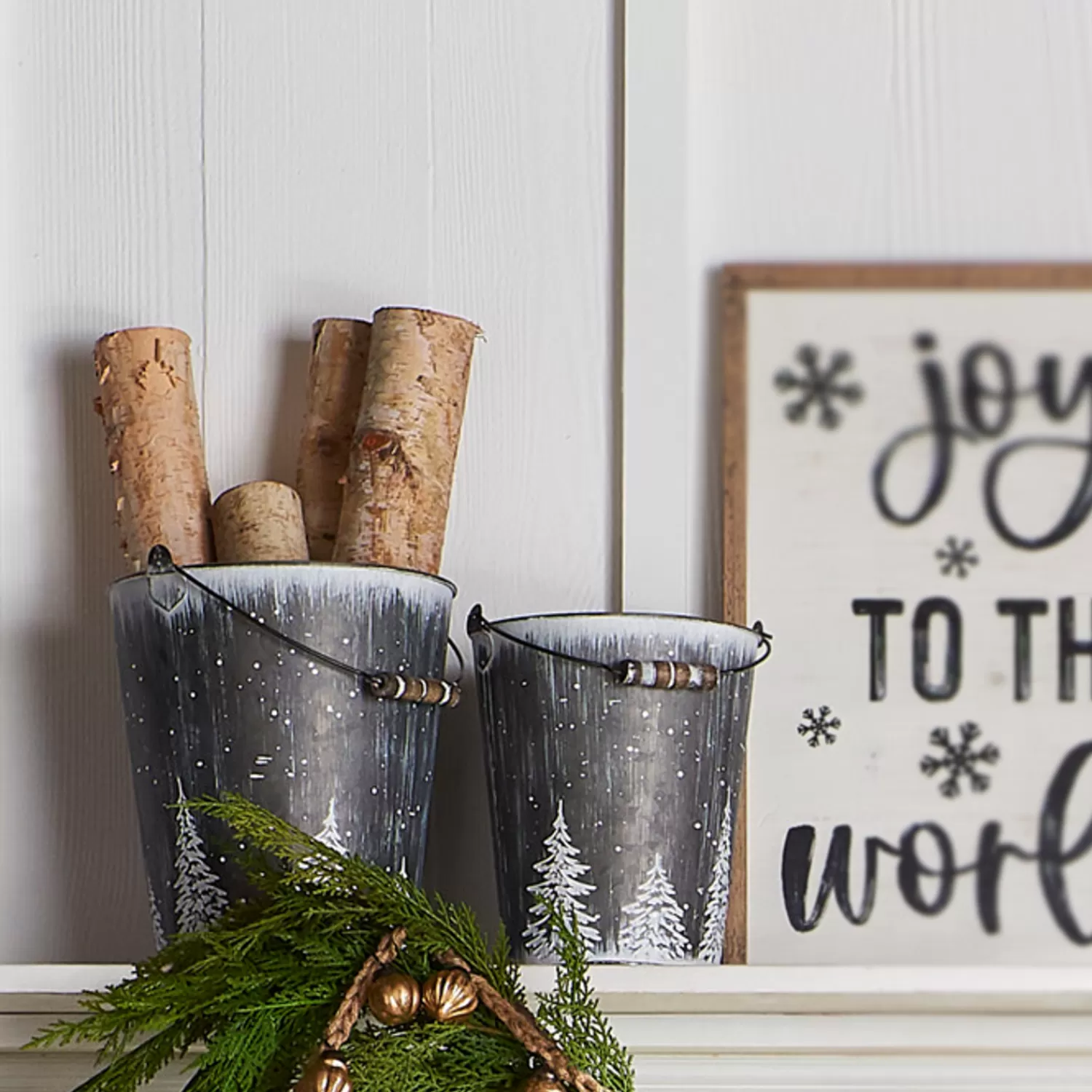 The Jolly Christmas Shop All Is Calm | Farmhouse | Raz Set Of 2 Galvanized Buckets With Trees Christmas Decorations 4355001