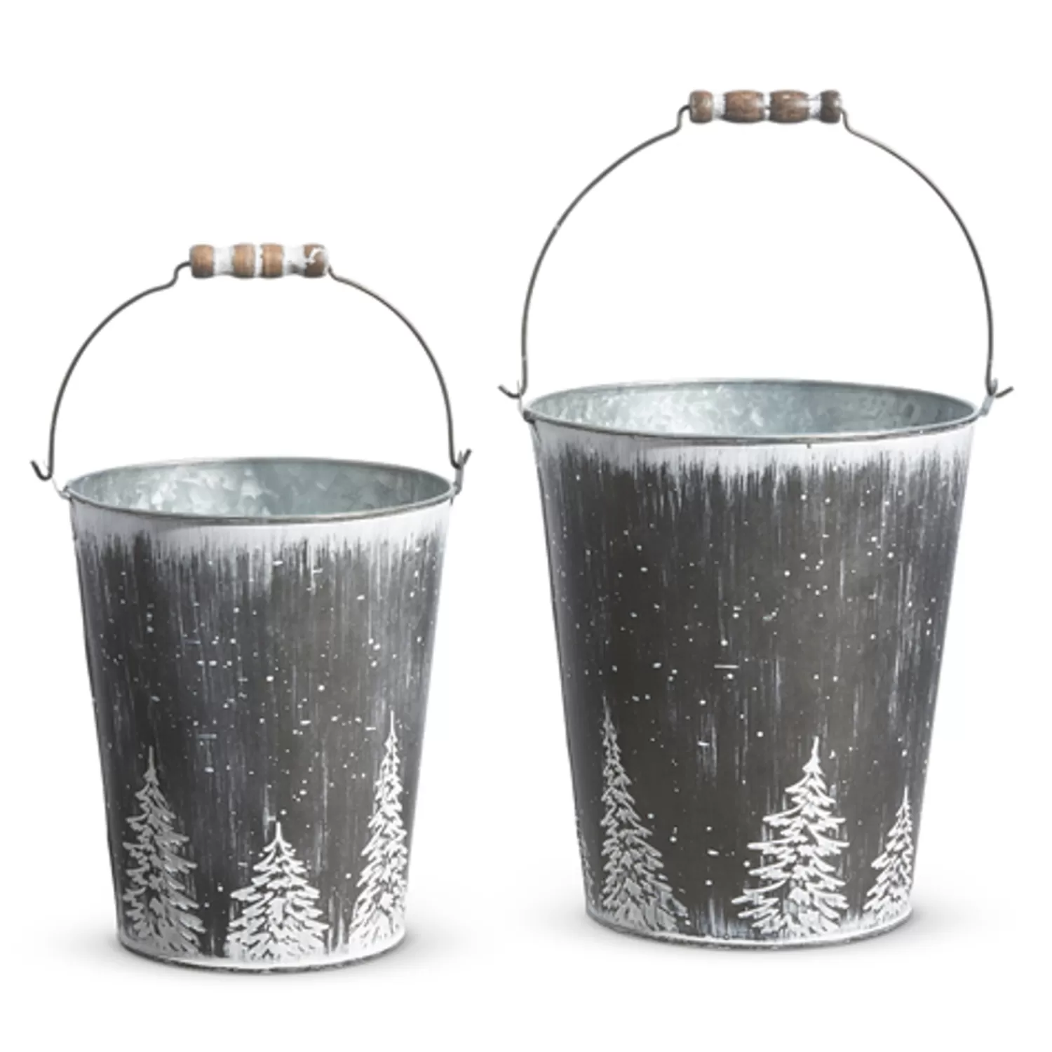 The Jolly Christmas Shop All Is Calm | Farmhouse | Raz Set Of 2 Galvanized Buckets With Trees Christmas Decorations 4355001