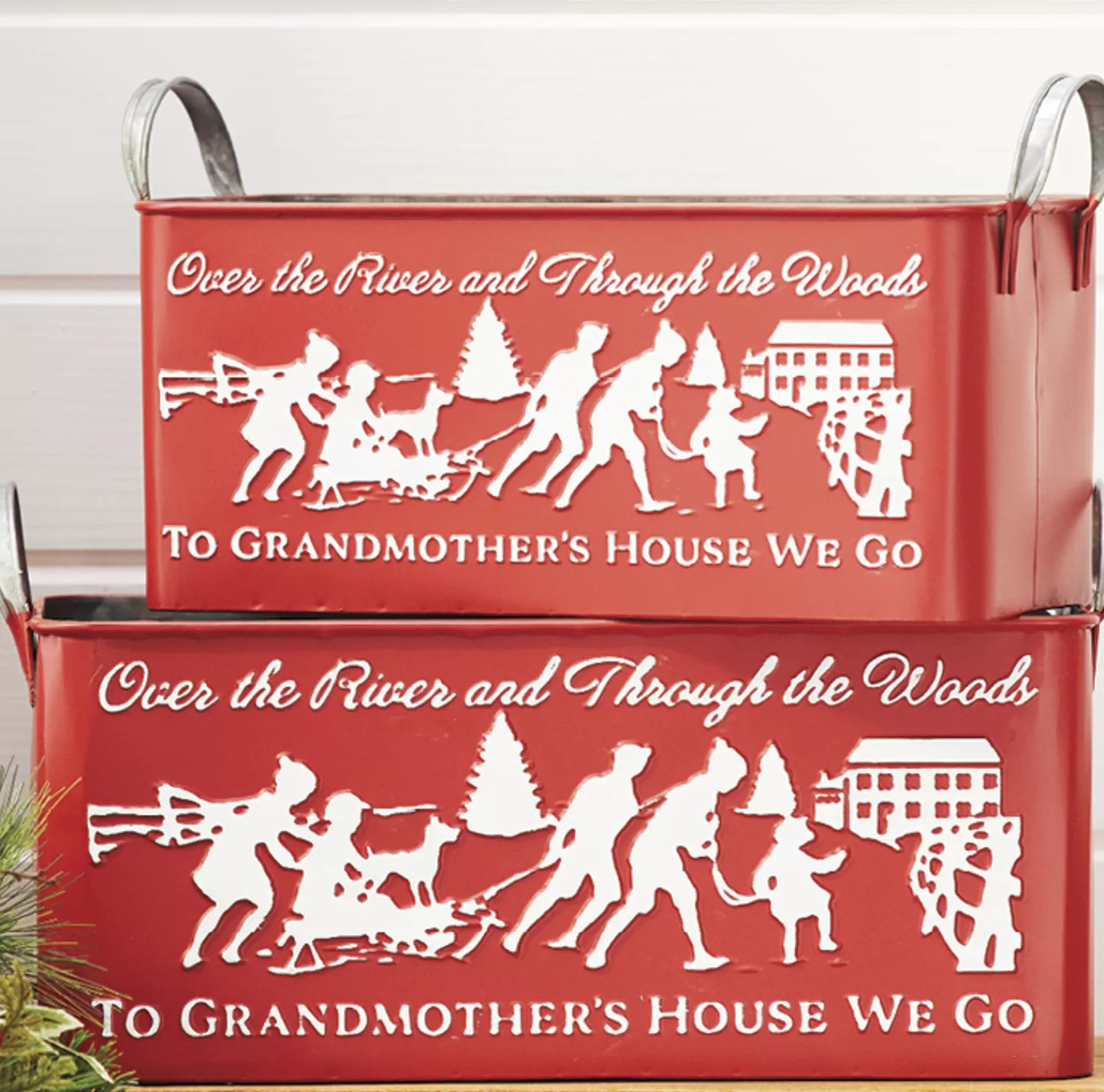 The Jolly Christmas Shop Heartfelt Holiday | Woodland Wonder | Raz Set Of 2 To Grandmother's House We Go Embossed Metal Christmas Container 4159088