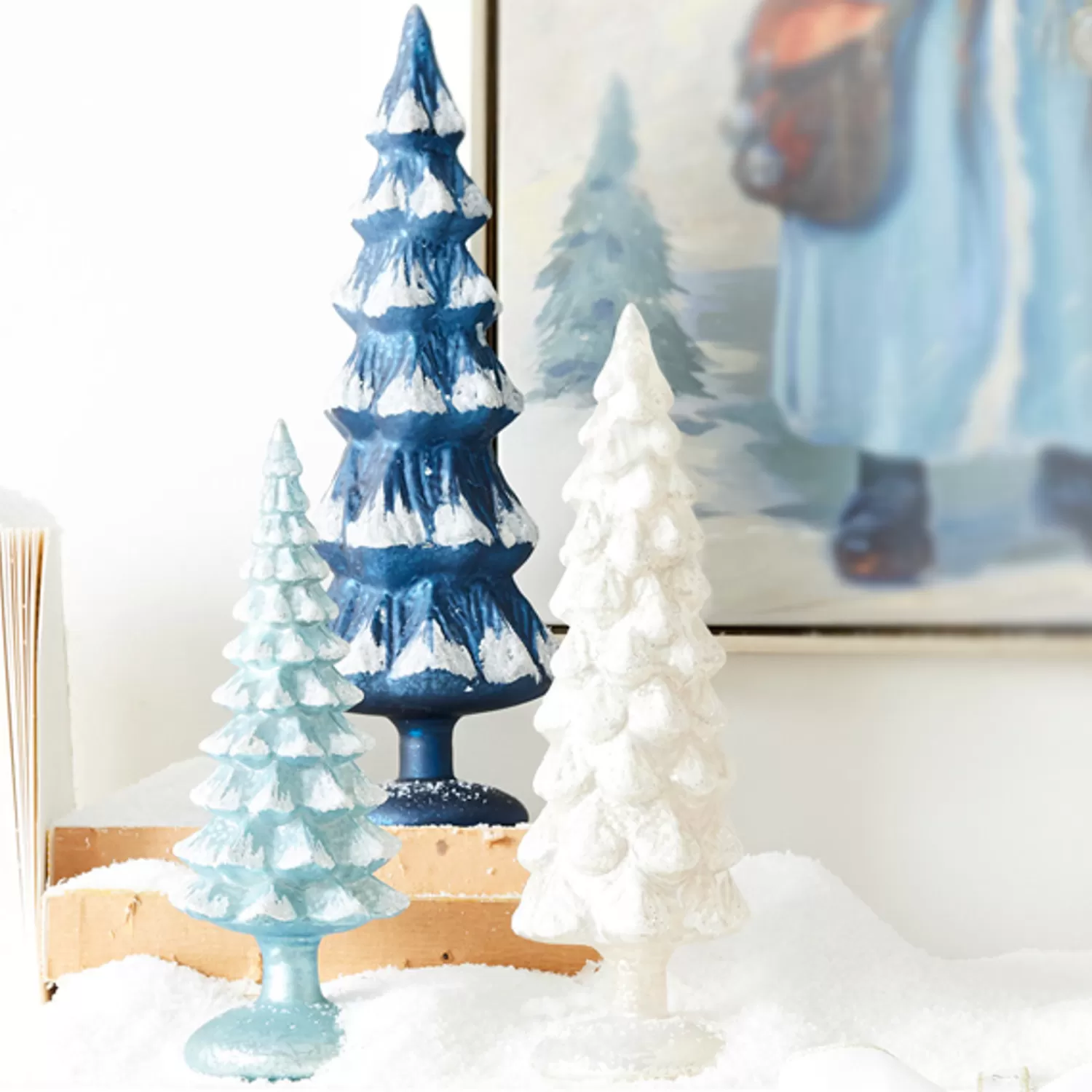 The Jolly Christmas Shop Celebrate The Season | Delft | Raz Set Of 3 Blue And White Snowy Glass Christmas Trees 4222914