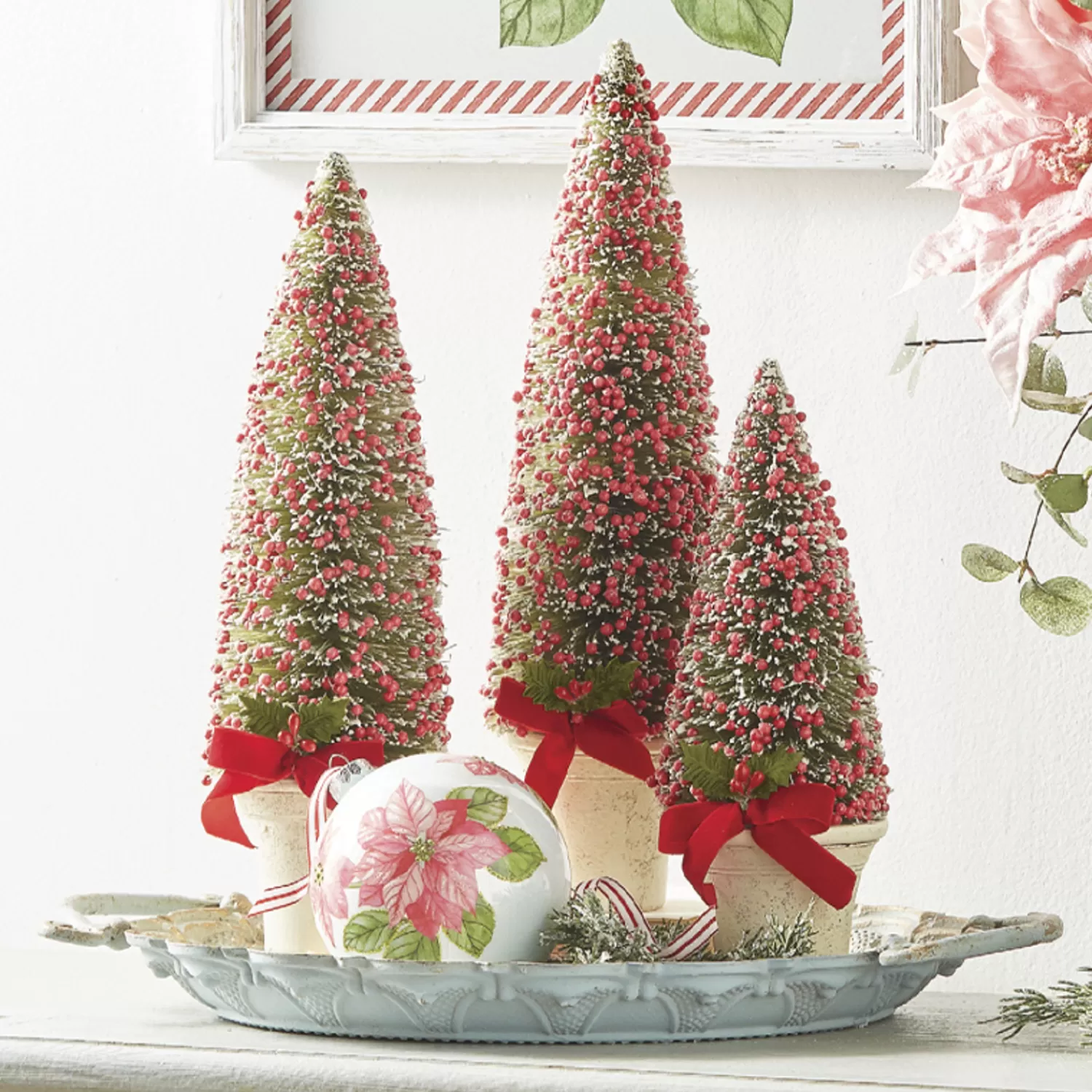 The Jolly Christmas Shop Jingle And Cocoa | Gingerbread Lane | Raz Set Of 3 Potted Bottle Brush Trees With Red Berries Christmas Figure 4114106