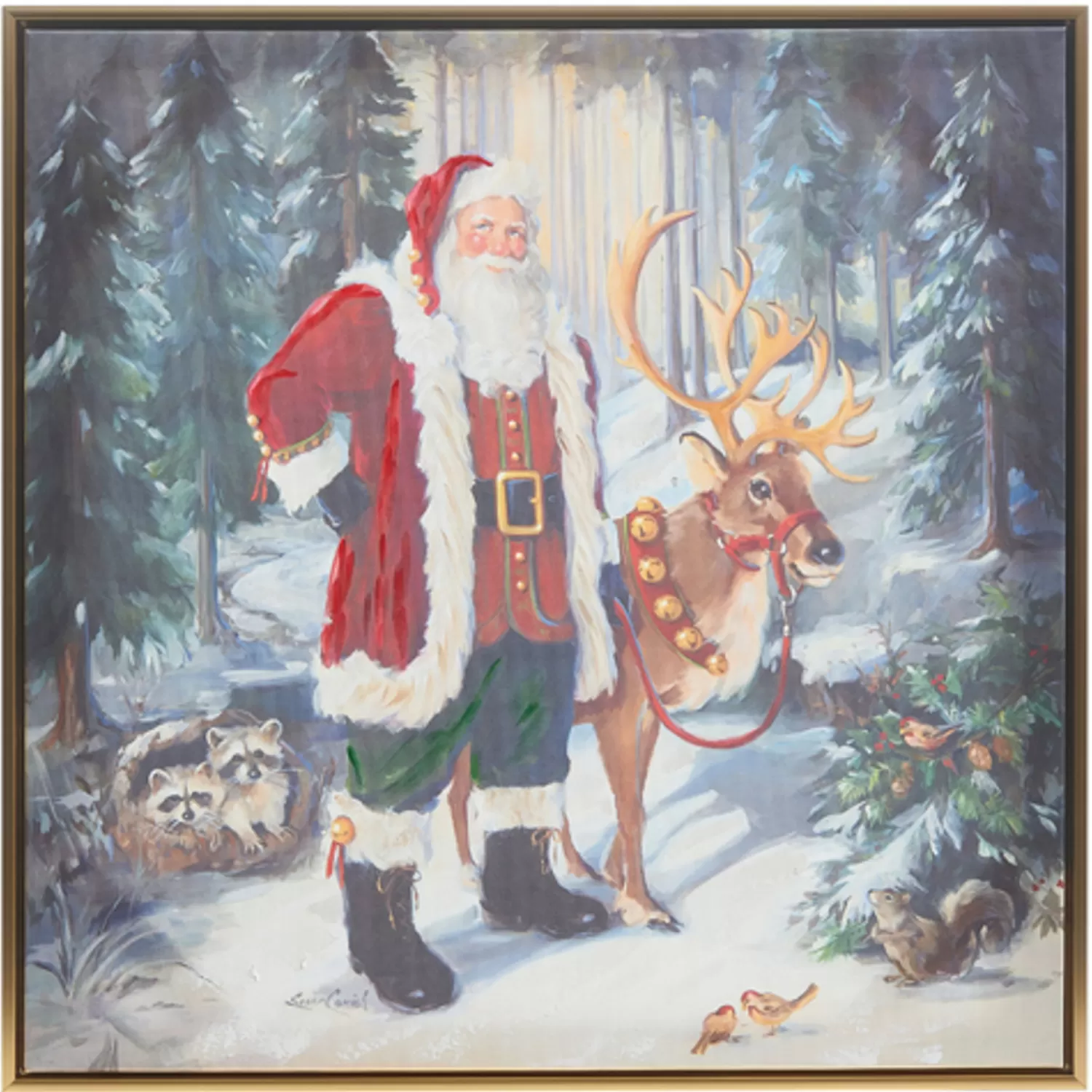 The Jolly Christmas Shop Sleigh Bells | Traditional Christmas Decorations | Raz Woodland Santa And Reindeer Textured Frame Christmas Wall Art