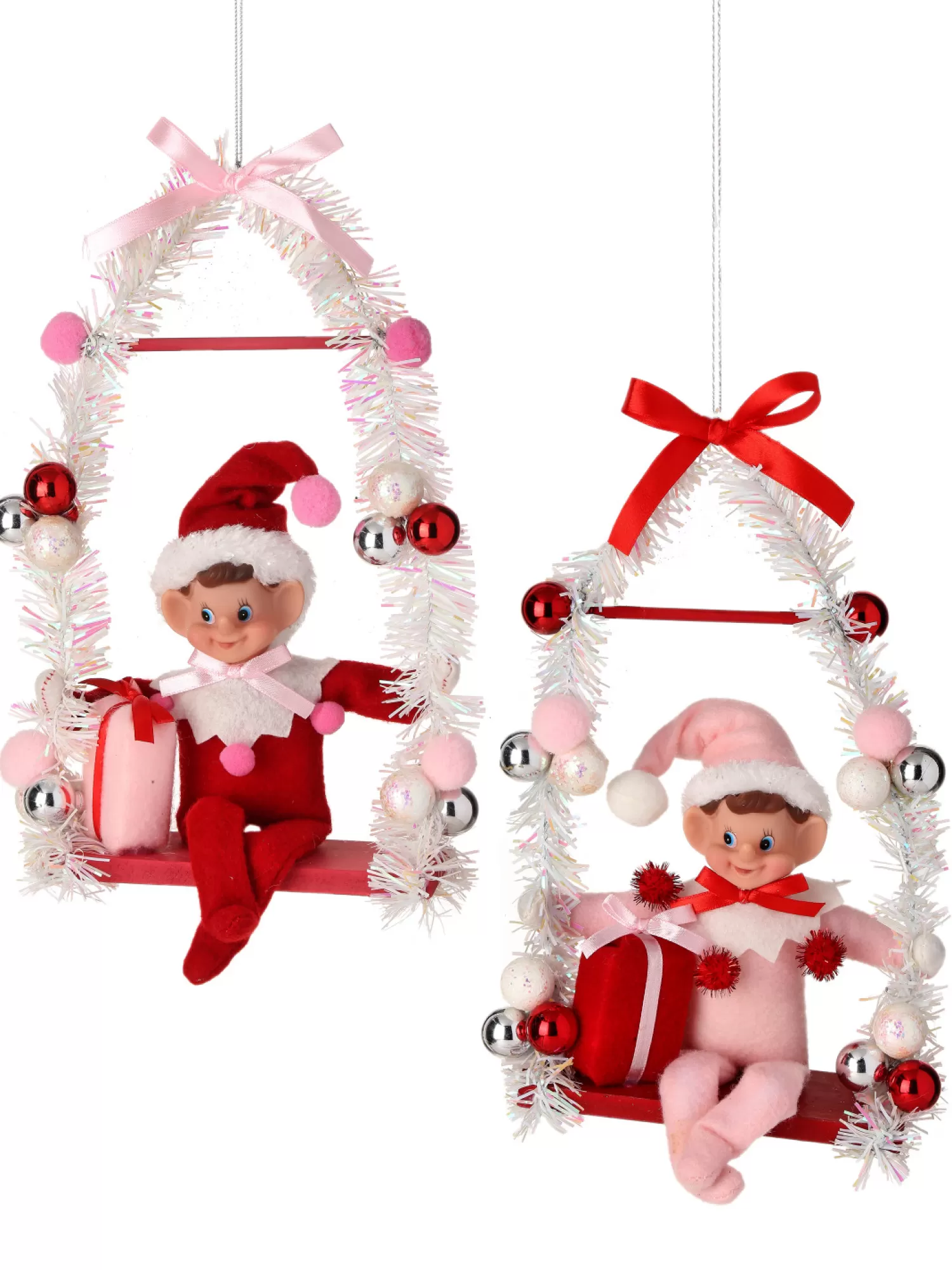 The Jolly Christmas Shop Vintage Reincarnated | Vintage Farm House | Regency 12" Pink Or Red Pixie Elf On Swing Christmas Ornament MTX74256