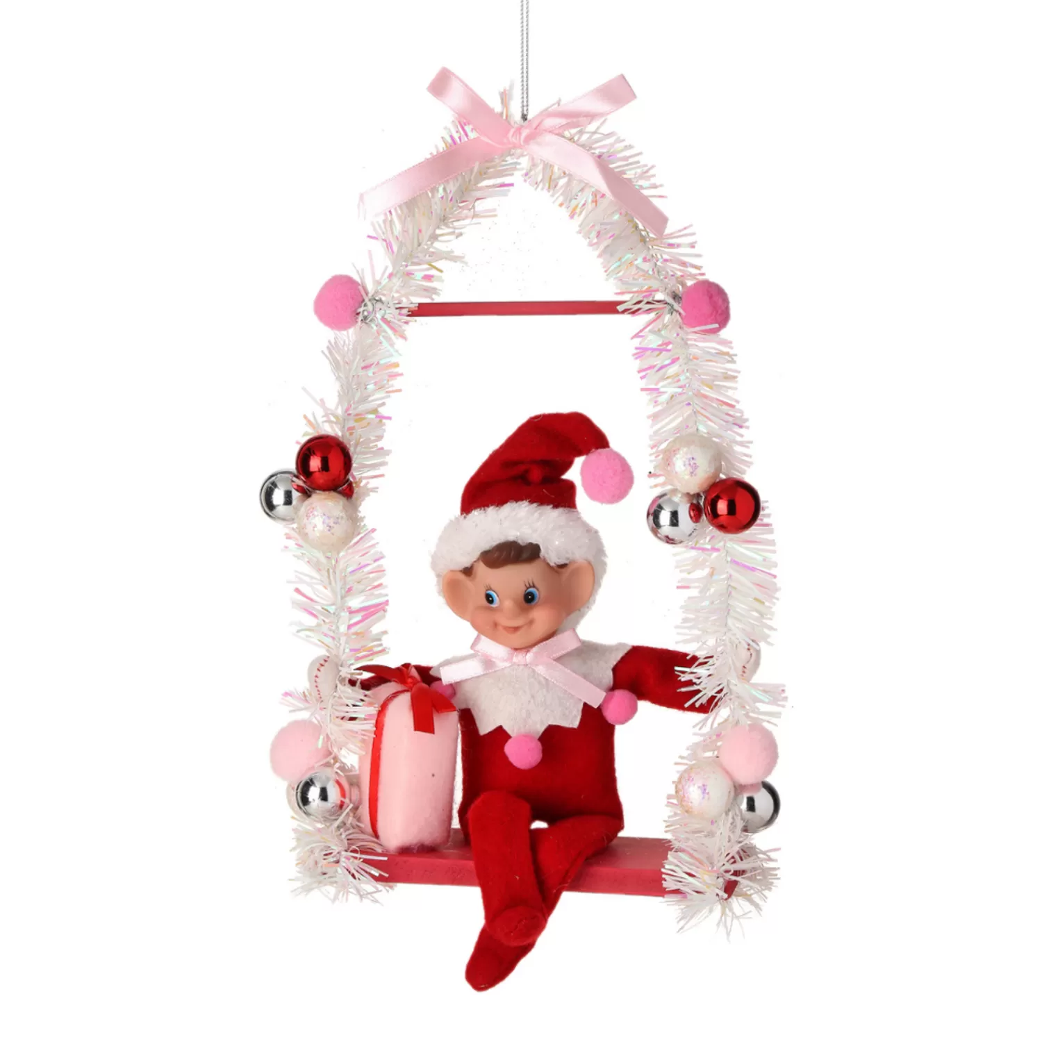 The Jolly Christmas Shop Vintage Reincarnated | Vintage Farm House | Regency 12" Pink Or Red Pixie Elf On Swing Christmas Ornament MTX74256